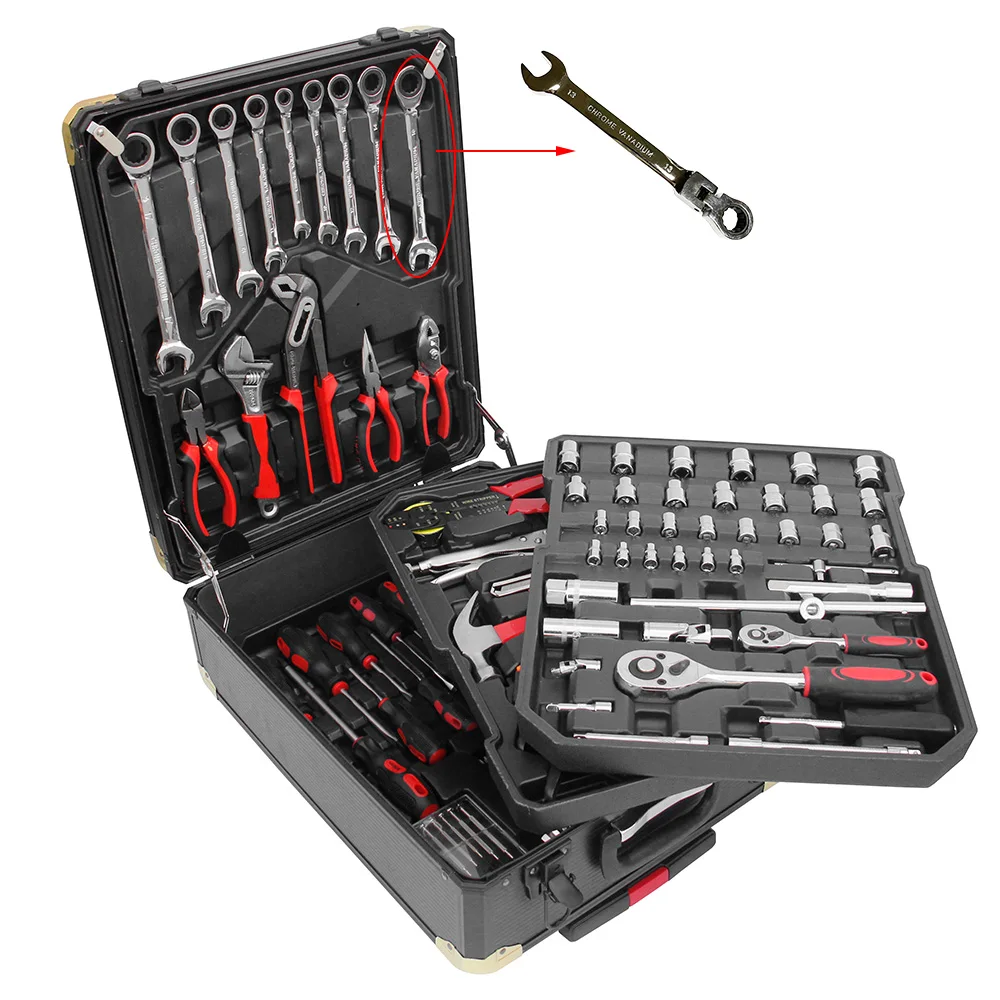 
4 Trays Hand Tools with High Quality Socket Adjustable Head Ratcheting Spanner with Portable Tool Box Handle in Multifunction 