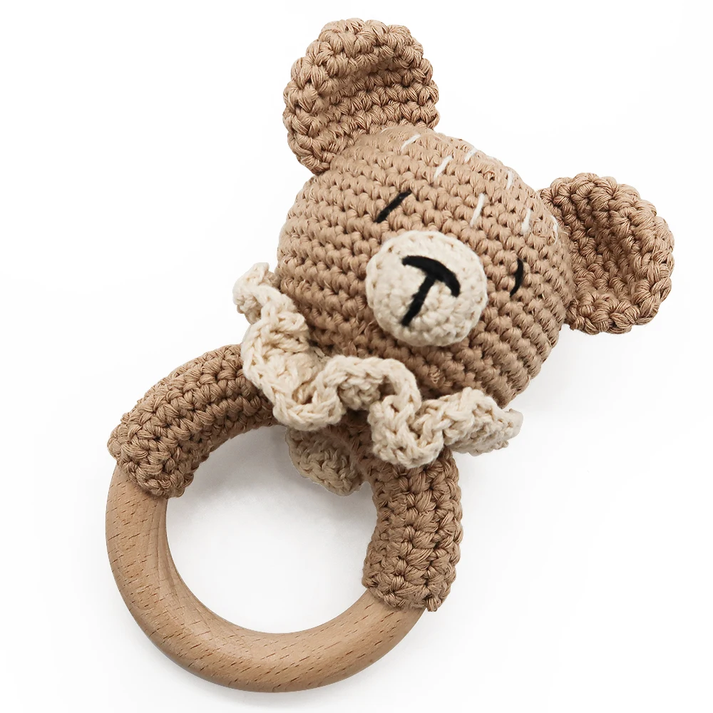 New Design Animals Cute Super Soft Knitted Rabbit Panda Reindeer baby wooden rattle teether baby crochet toys