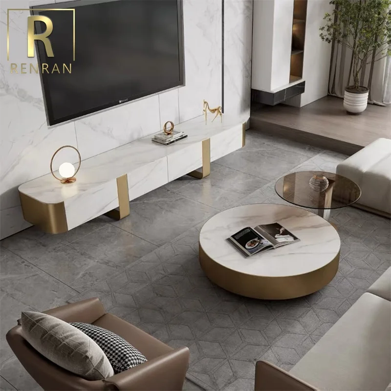 Italian design modern lobby villa living room furniture stone top brass round combined luxury tea coffee table TV stand set