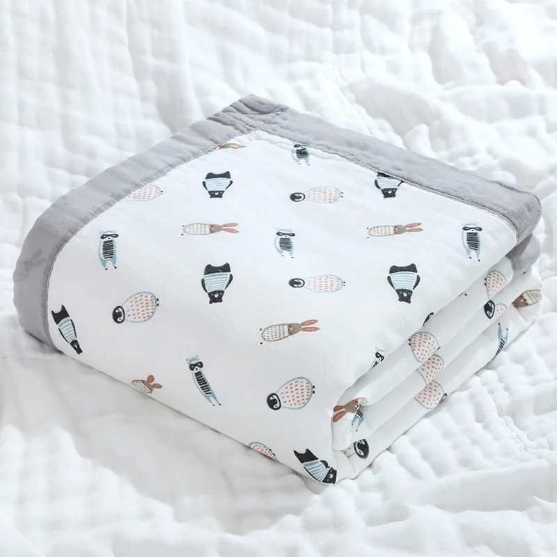 stock 110*110 cm 350 g/pc baby 6 layers muslin newborn quilt infant 100% cotton fabric swaddle blankets with colored border