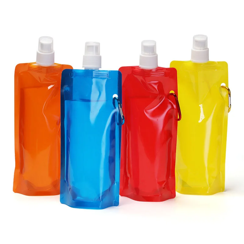 Reusable Collapsible Sports Water Drink Pouch Water Bottle Bag With Corner Cap