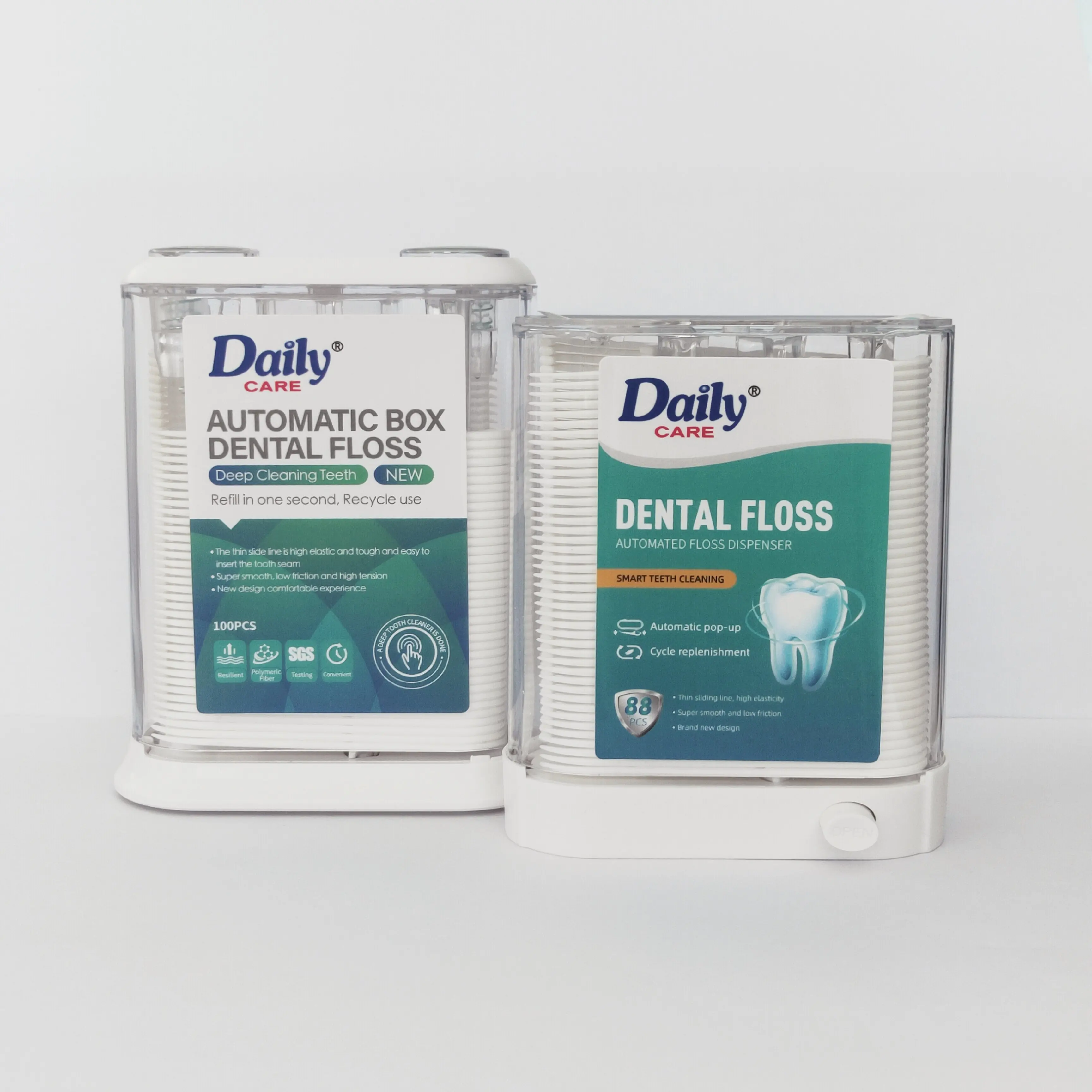 Automatic floss pick dispenser, available in two sizes of 88 and 100 toothpicks.