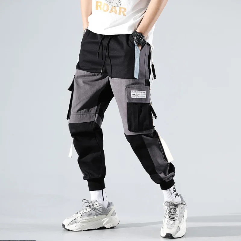 YiXin 2023 Men Cargo Pants Pocket Track Joggers Hip Hop Joggers Male Sweatpants Ribbons Men Cargo Jogger Pants Black Cargo Pants