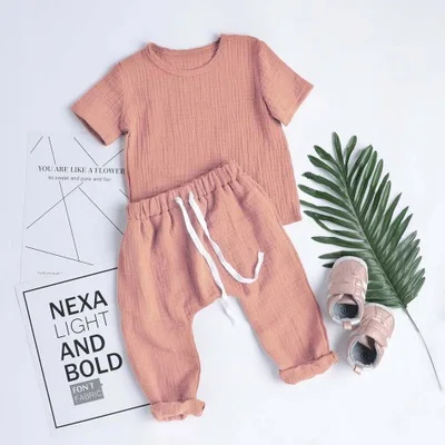 Pure colors Kids Solid soft linen cotton girls boys summer wear baby clothes sets children t-shirts with pants