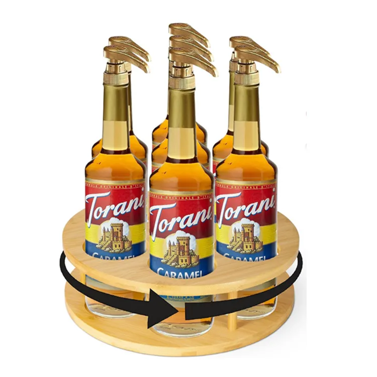 Kitchen Accessories Bamboo Coffee Syrup Storage Racks Turntable Countertop Organizer Lazy Susan Wine Sauce Bottle Holder