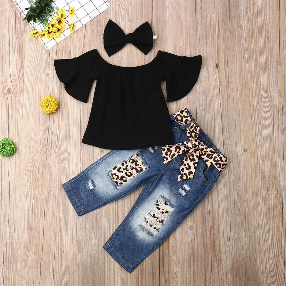 Buy Baby Girl Off Shoulder 3pcs Top Leopard Denim Jeans Pants Headband Kids Girls Clothing Sets