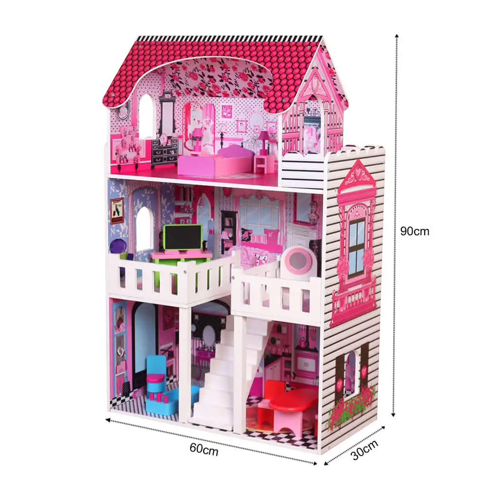 Cheap price wooden dream house with furniture included wholesale kids pretend play doll house furniture 1:12 scale