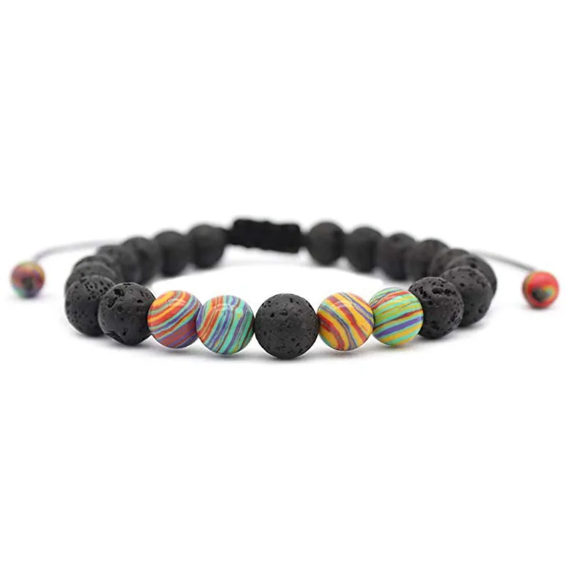 Yoga Prayer Chakra Jewelry Adjustable Natural Lava Stone Bracelet Colorful Striped