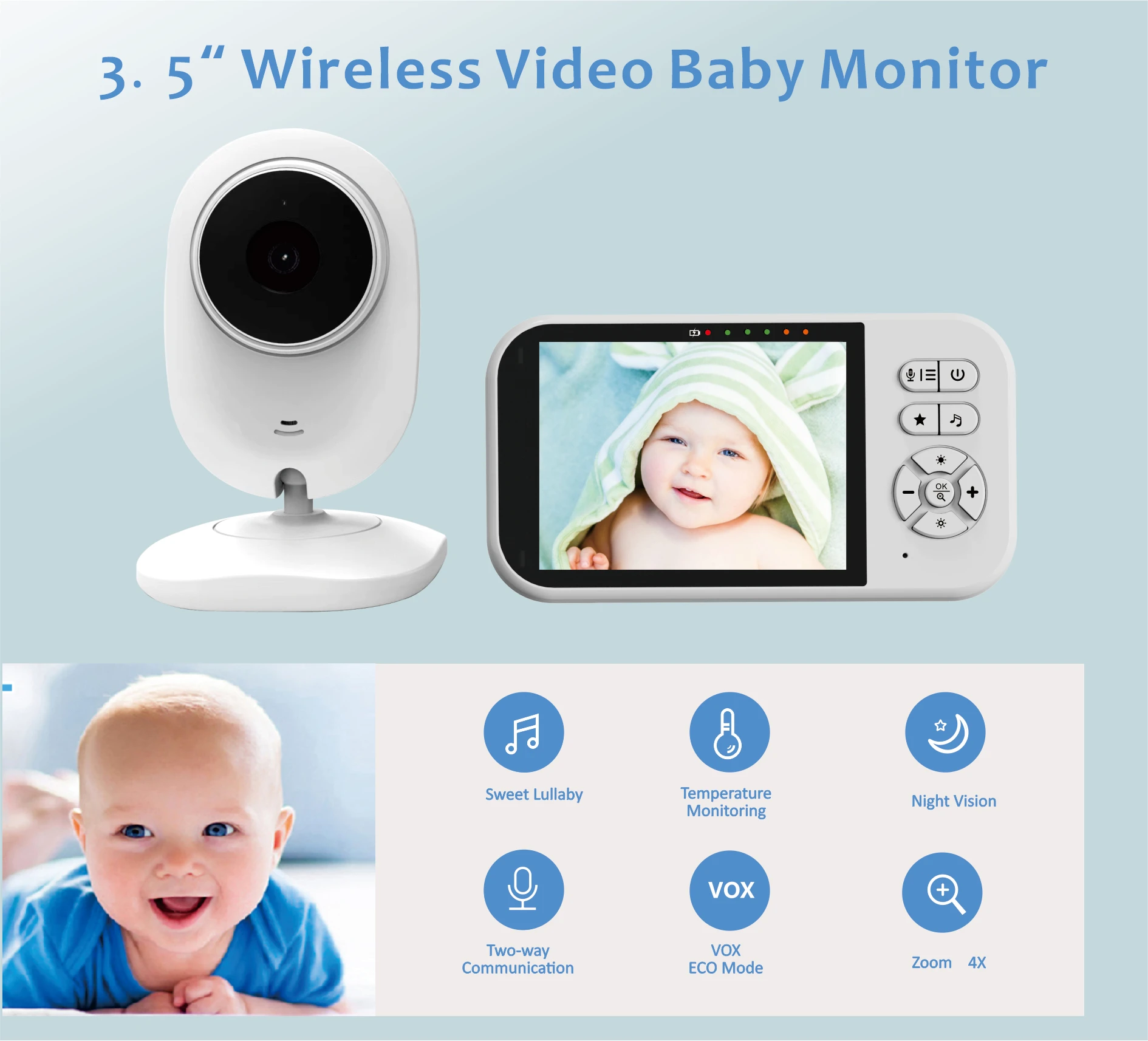 Low price hot video audio baby monitor with temperature and night vision function
