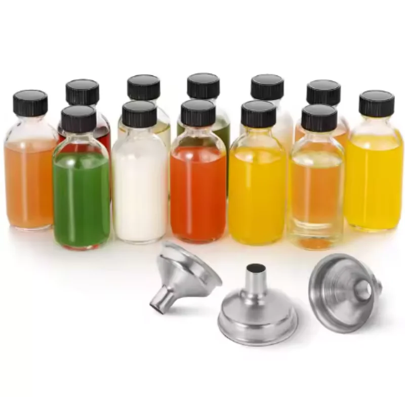 2 oz Small Clear Glass Boston round Sample Bottles 60ml with Stainless Steel Funnels and Lids for Potion Juice Cosmetics