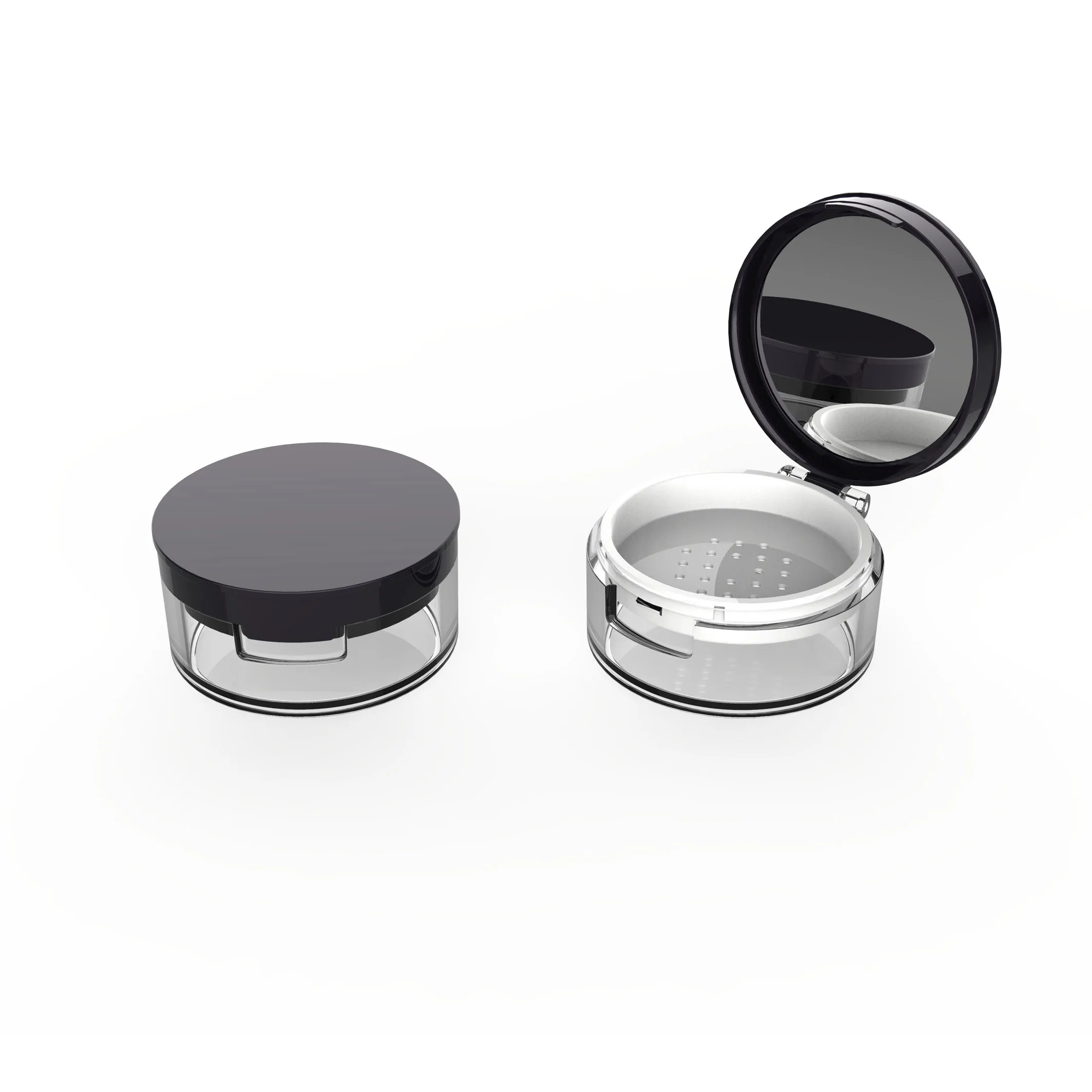 Hot Sale 50ml loose powder container with a sieve circle eco friendly plastic casing compact powder empty powder packaging