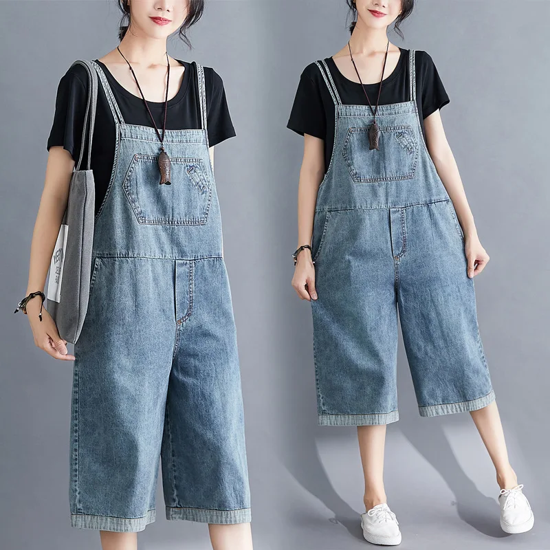 Women Spring Autumn Vintage Denim Jumpsuits Overalls Female Casual Double Straps Loose Fit Washed Denim Rompers Overalls