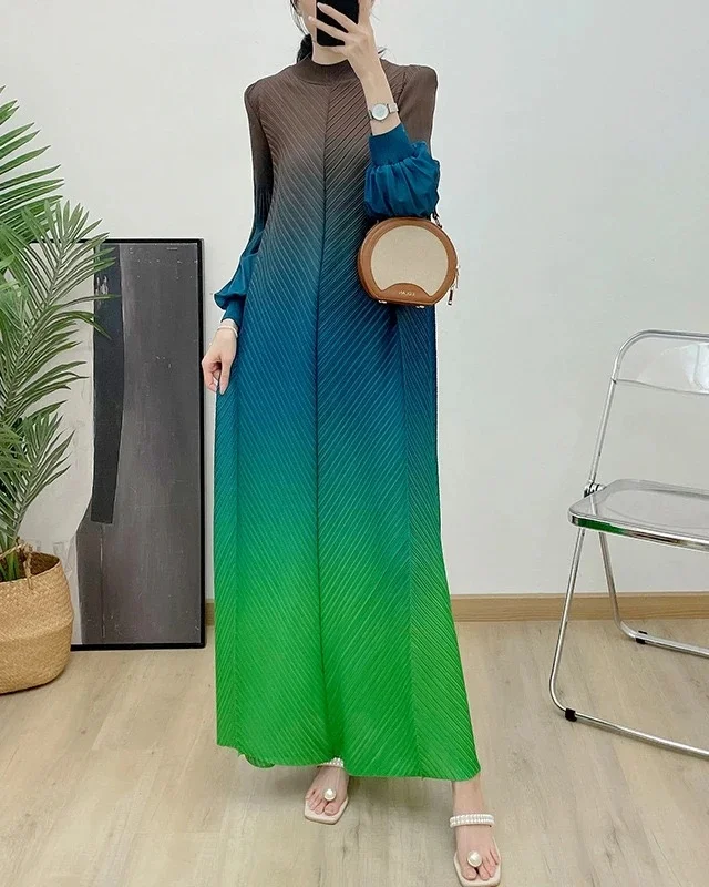 Sheen Fancy Plus Size Miyaki Summer Dresses Women Casual Free Size Gradient Loose Pleated Long Dress For Women