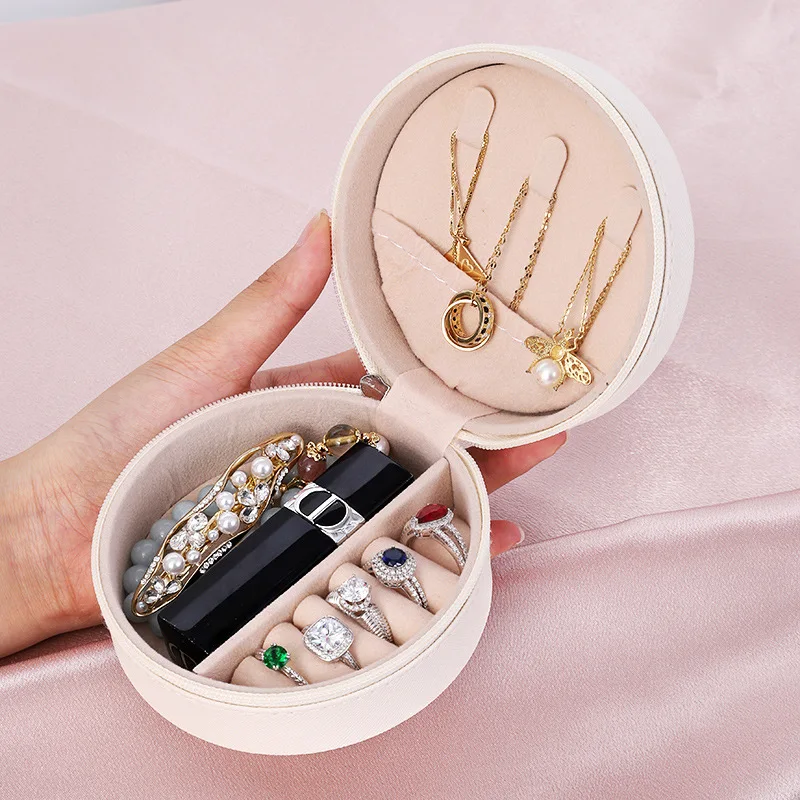 Macaron color round zipper pu leather jewelry organizer necklace earring small pu leather box pocket case custom jewelry box