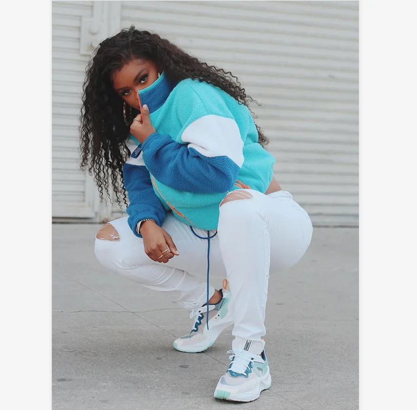 Hot Selling Color Matching Synthetic Leather Women Winter Fleece Jacket Loose Wool Coats