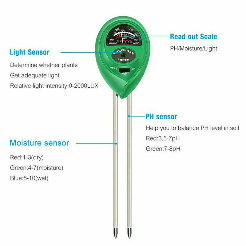 3in1 Soil PH Moisture Light Tester Garden Plants Flowers Humidity Test Gardening tester