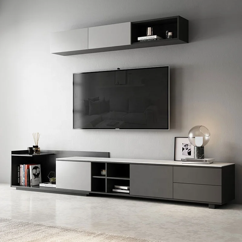 Light luxury modern rock board telescopic TV cabinet tea table combination set small house lifting tea table floor cabinet