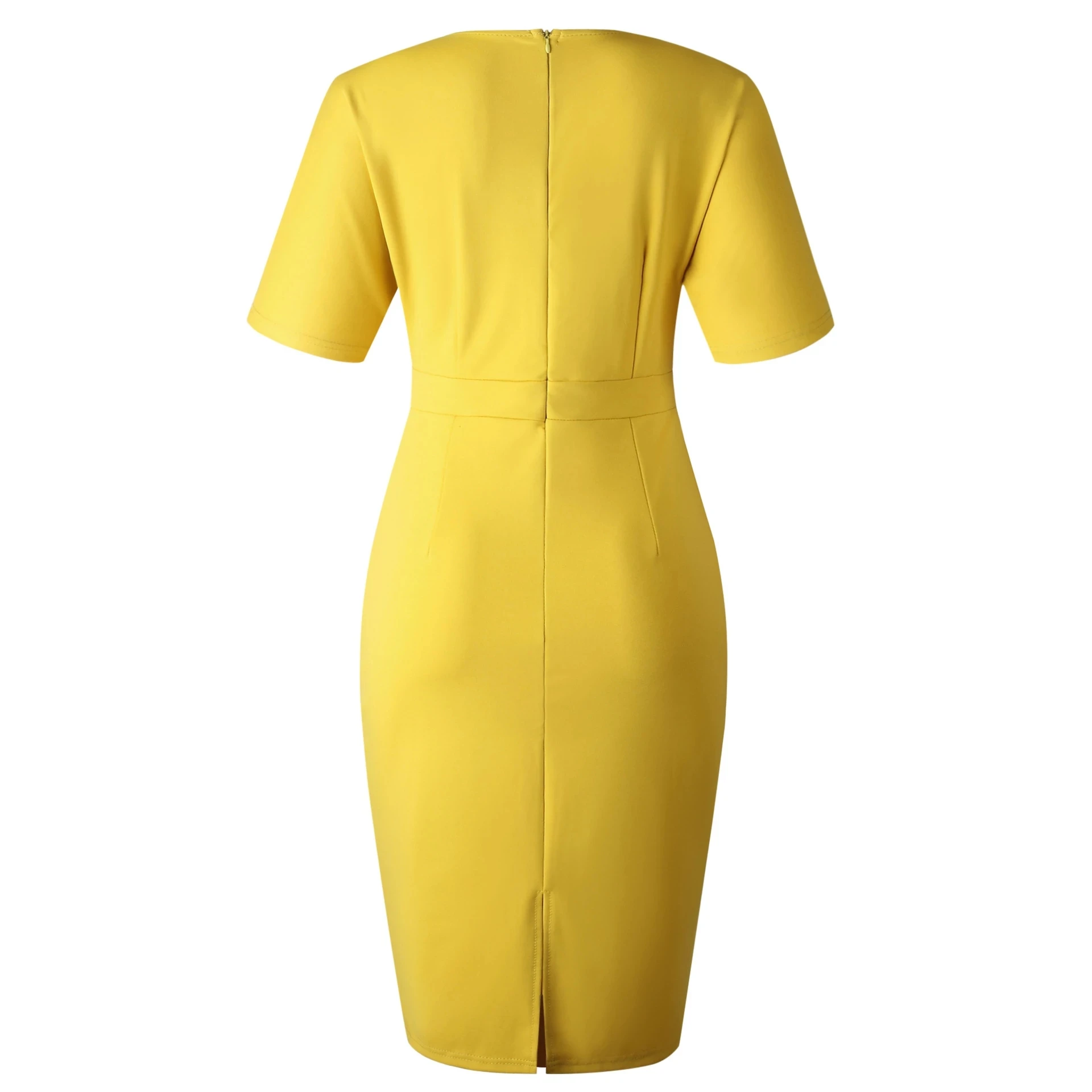 Fashion Yellow Slim Elegant Work Wear Short Sleeves O Neck Tight Elastic Large Size African Women Office Ladies Bodycon Dresses