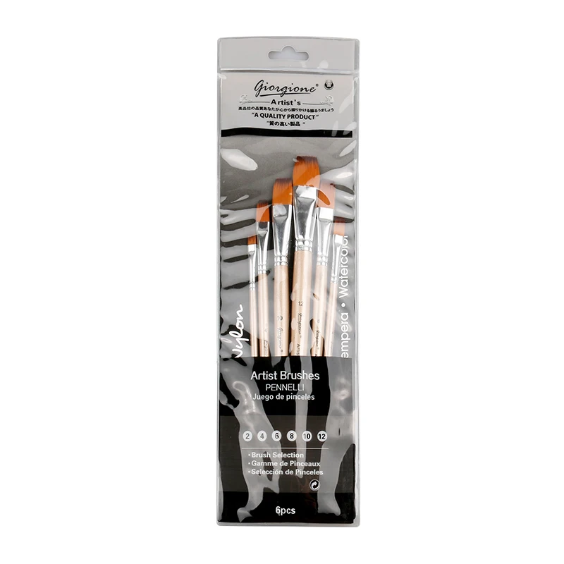Giorgione 6PCS Flat Shape Wooden Handle Paintbrushes Set For Watercolor Oil Acrylic Gouache Paint brush