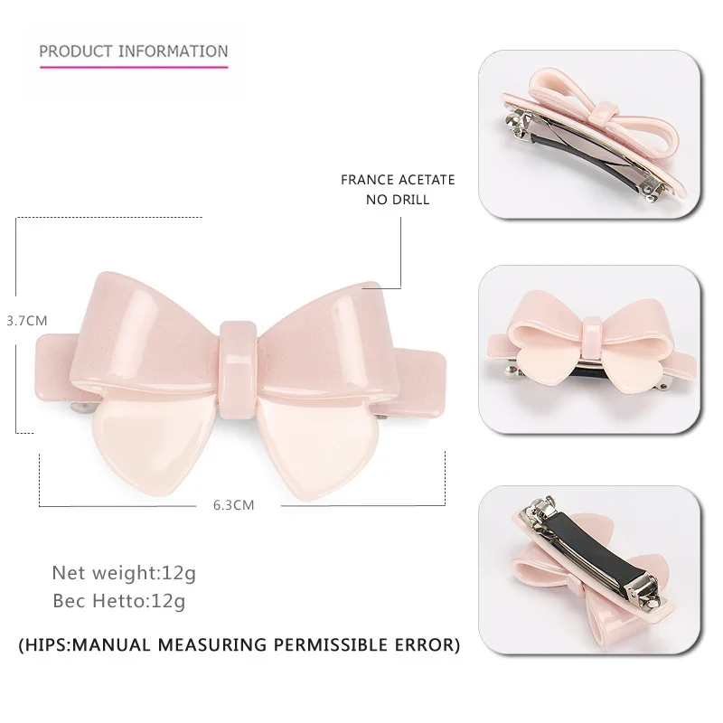 HONEY 6.3CM Small Bow Hair Barrette 7Colors Candy Colors Hair Barrette Clip Cellulose Acetate Bow Hair Clip for Women