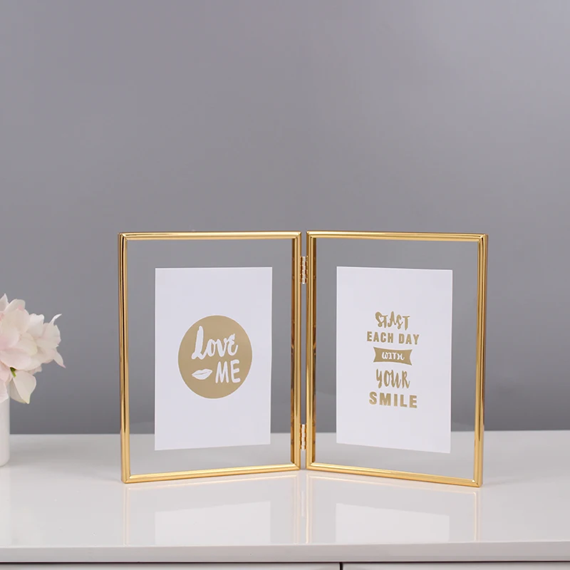 
Customized 2 Openings Transparent Glass Metal Folding Hinged Desktop Table Picture Photo Frame 