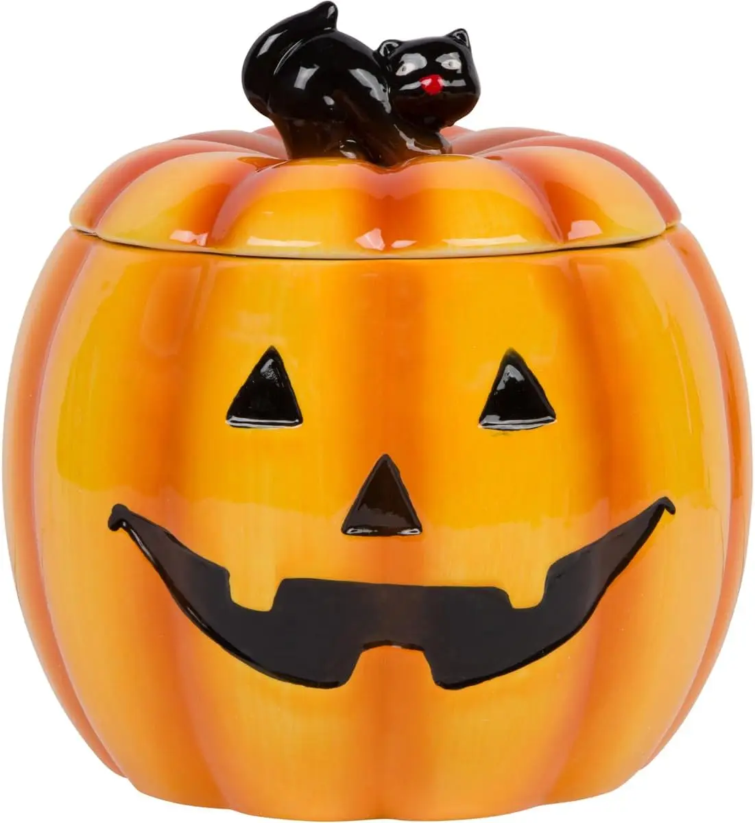 7-Inch Ceramic Orange Jack-o-Lantern Cookie Jar or Candy Dish Bowl Halloween Pumpkin Tabletop Kitchen Storage Counter Decoration