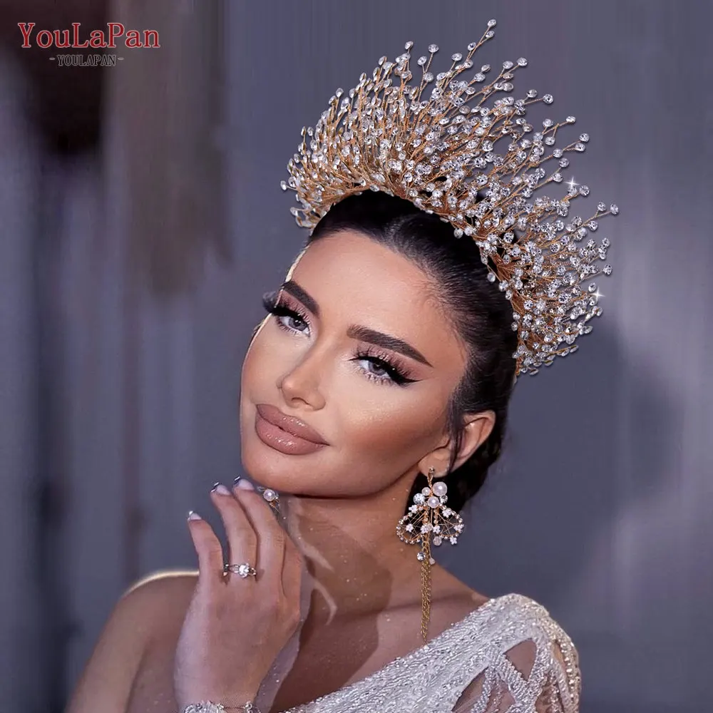 Youlapan HP193-G Luxury Princess Hair Accessories Golden Rhinestones Miss Beauty Pageant Crown Wedding Headband Bridal Tiara