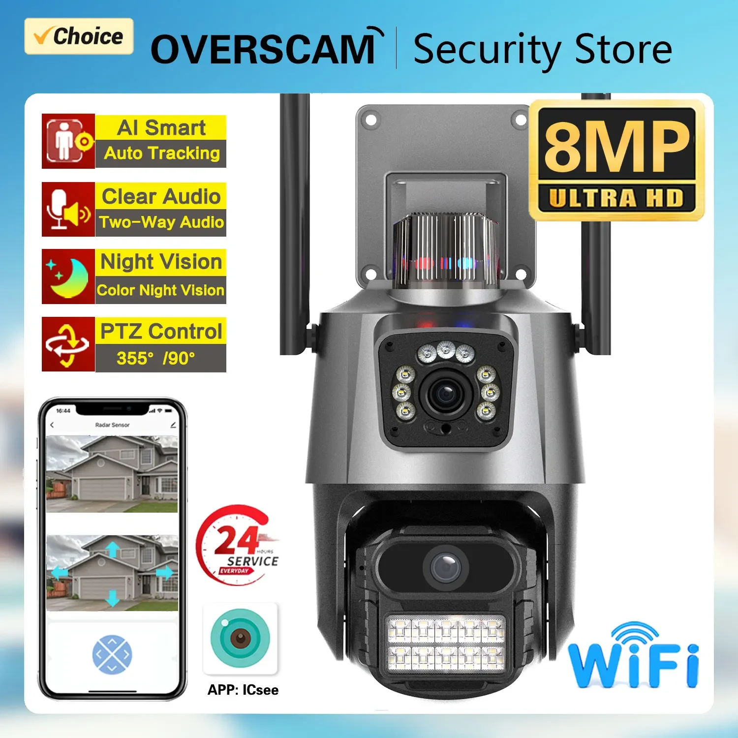 8MP 4K Outdoor Wifi Camera with Anti-theft Siren Alarm Dual Lens PTZ Speed Dome Ai Human Detect P2P Video Surveillance