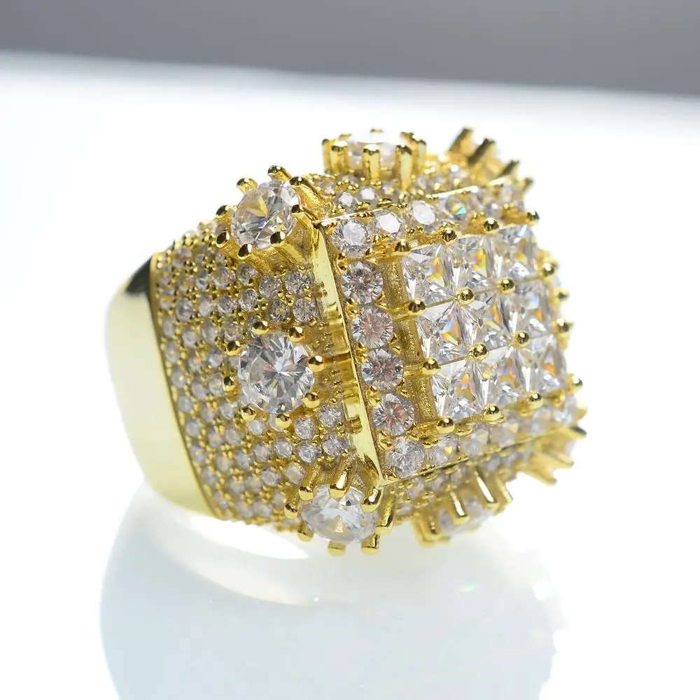 Hip Hop micro pave iced out baguette stone brass gold plated designs ring for men