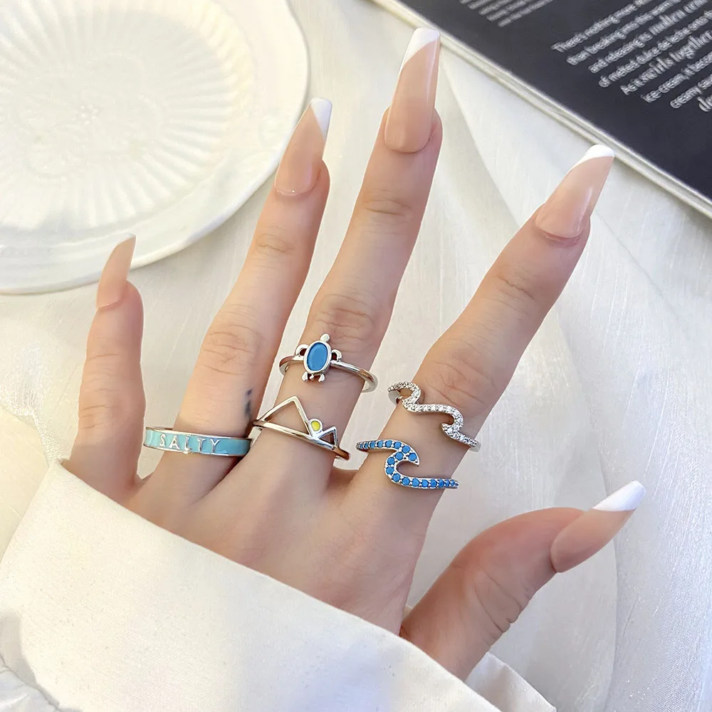 2024 Foxi Charming New styles waves Blue Color Turquoise Stone Female 925 Sterling Silver Ring Resizable finger Rings For Men