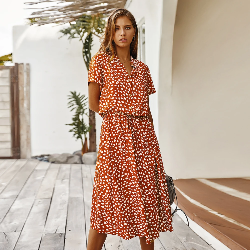 Women 2022 Short Sleeve Spring Summer Polka Dot Drawstring High Waist Midi Dress A Line Calf Length Casual Dresses