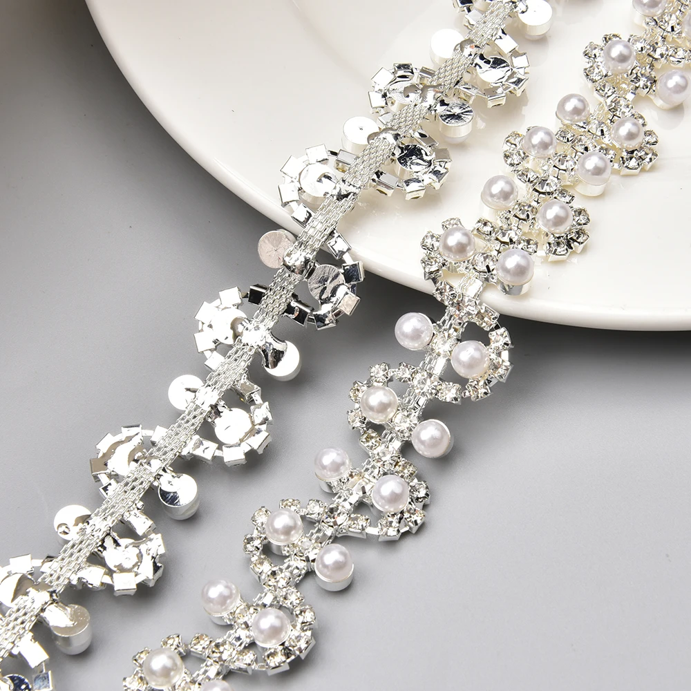 New 2Cm Wide Beautiful Pearl Rhinestone Trim Flatback Crystal Welded Code Chain Diy Wedding Dress Garment Collar Bag Accessories