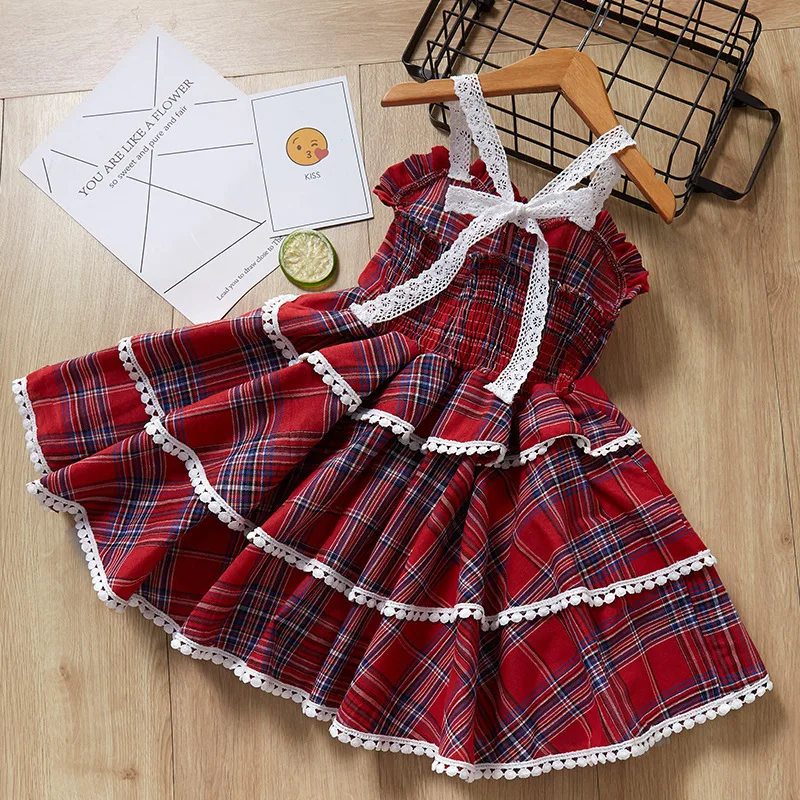 2019 hot sale children clothing European and American girls lace strap baby plaid fluffy cake dress