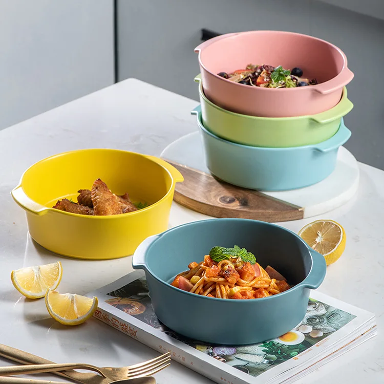Japanese style fashionable design heat resisting ceramic noodle baking bowl with double handle