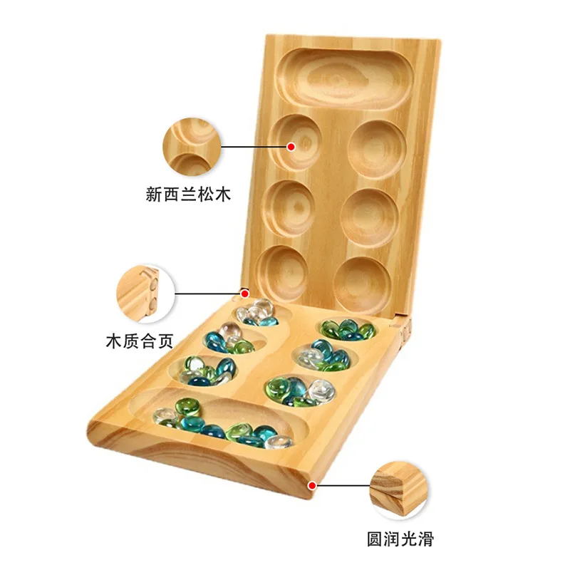 Custom wooden foldable mancala board game checkers wood ludo travel adults kids glass stones mancala board game