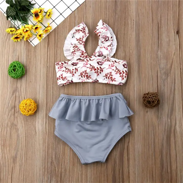 Pretty cute tiny girls leaves printed kids fashionable swimwear child swim suit wear for children