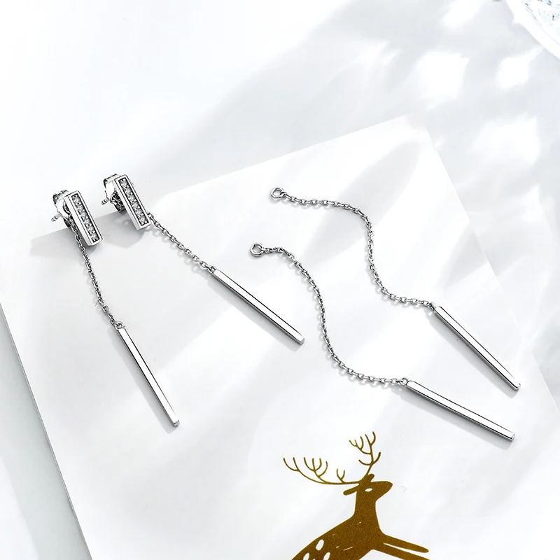 Simple and refreshing anti oxidant S925 sterling silver medium long earrings with pendant and zirconia inlaid drop earrings