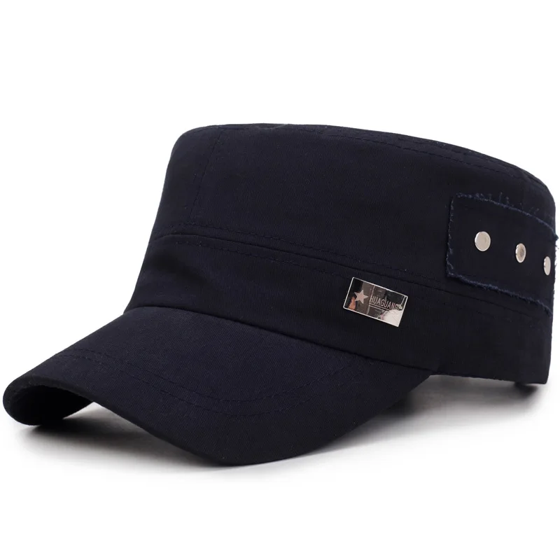 Solid Color Cotton Flat Top Cap For Men adjustable Machinable Customization Embroidery Metal Tag Stock