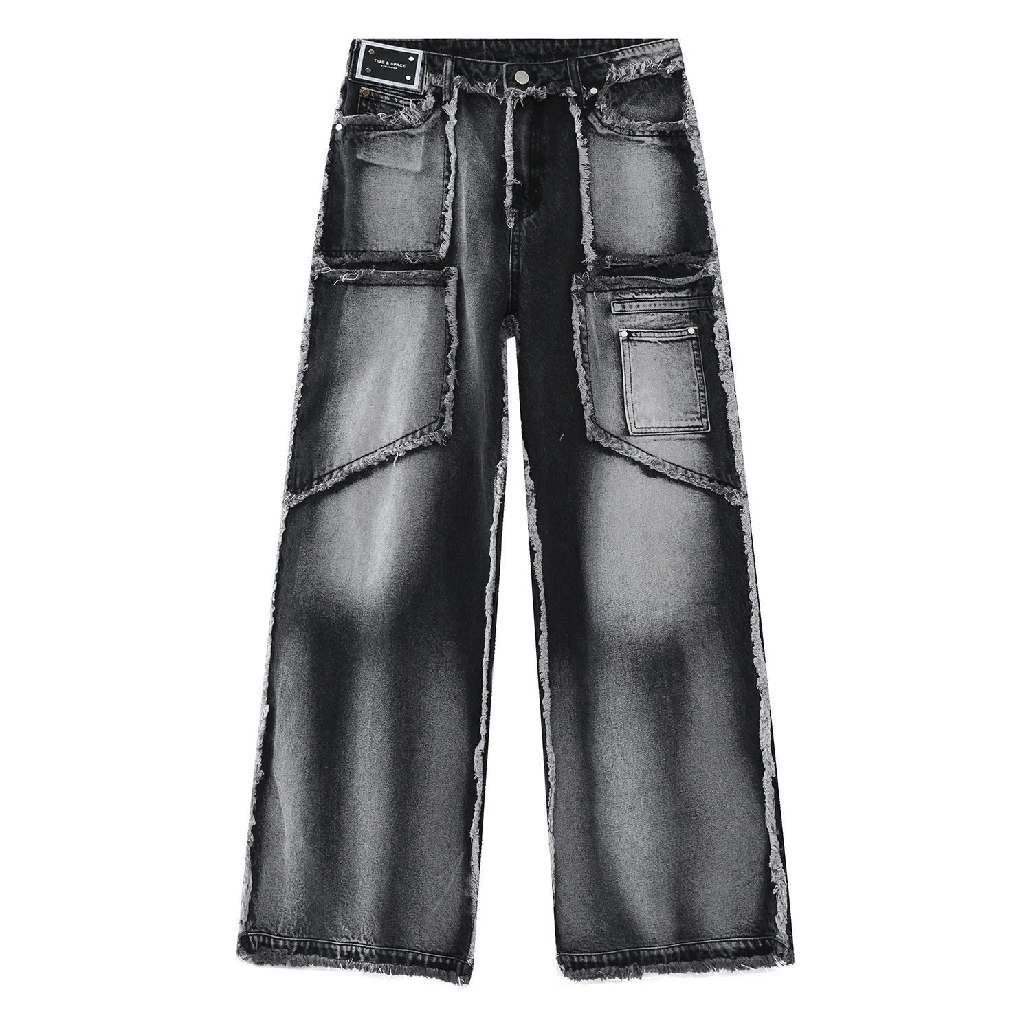 Manufacturer blue black raw edge middle white side black customized denim jeans