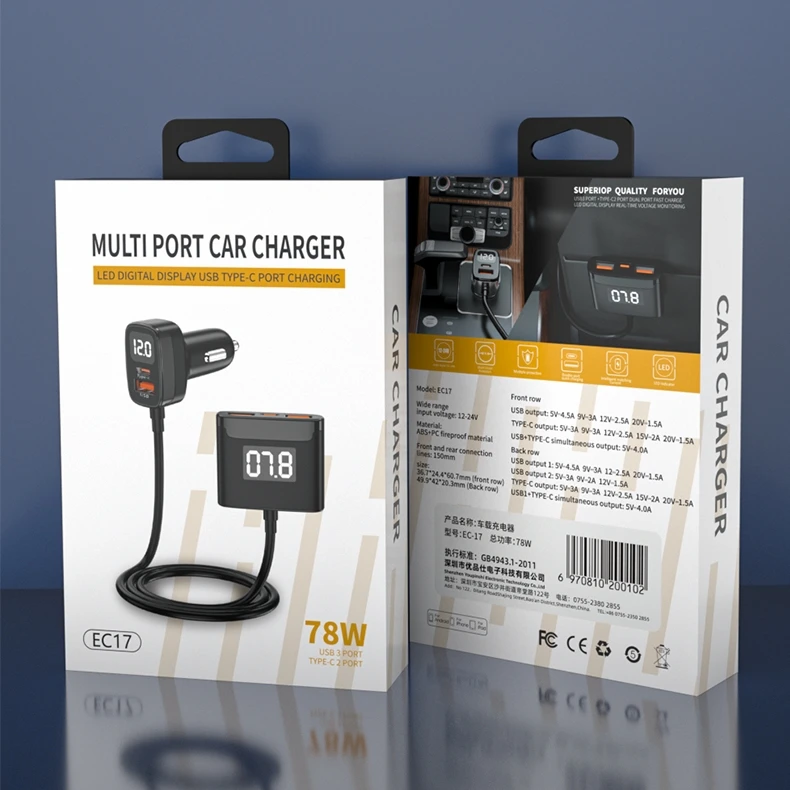 5-in-1 Super Fast Car Charger 78W USB C Car Charger LED Voltage Display PD 3.0/QC 4.0/3.0/PPS Type C Multi Car Charger Extension