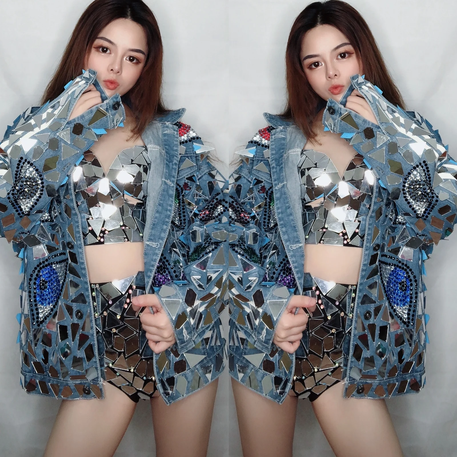 Блестящее зеркальное пальто для бара ночного клуба ГОГО сцены певицы ковбойские зеркальные бикини танцевальный костюм