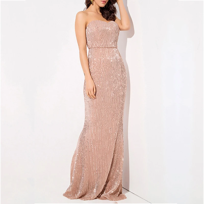 Wholesale Champagne Sequin Open Back Sleeveless Mermaid Women Long Evening Dresses Elegant