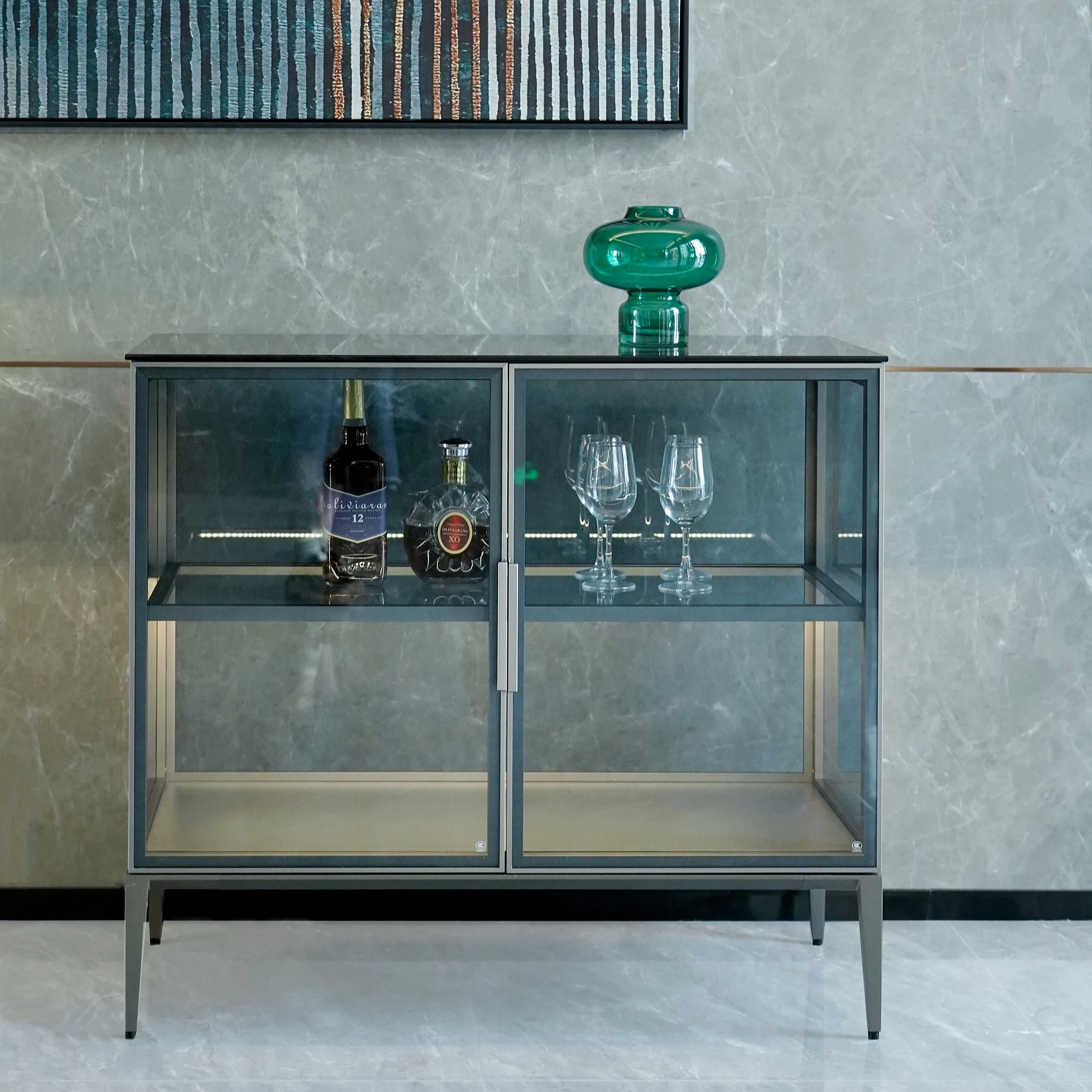 Factory customized design aluminum frame glass display cases wine jewelry toys storagelow Cabinet tempered glass display cabinet