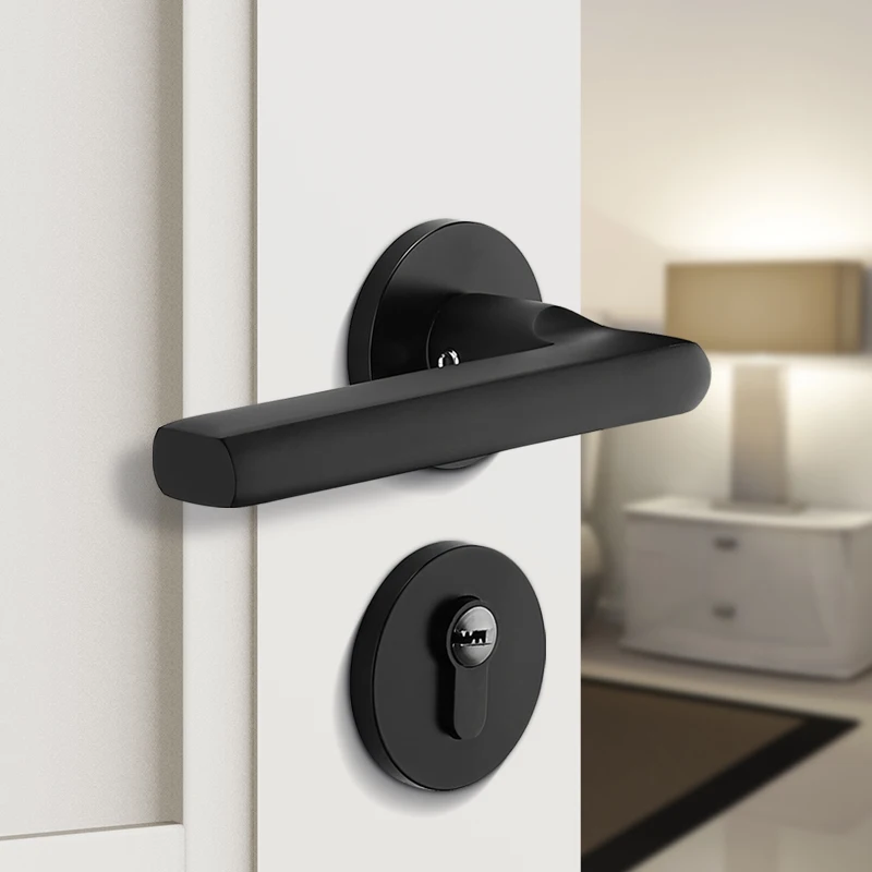 Алюминиевые аксессуары набор ручек для двери современный простой дизайн Черная дверная ручка с замком межкомнатные двери