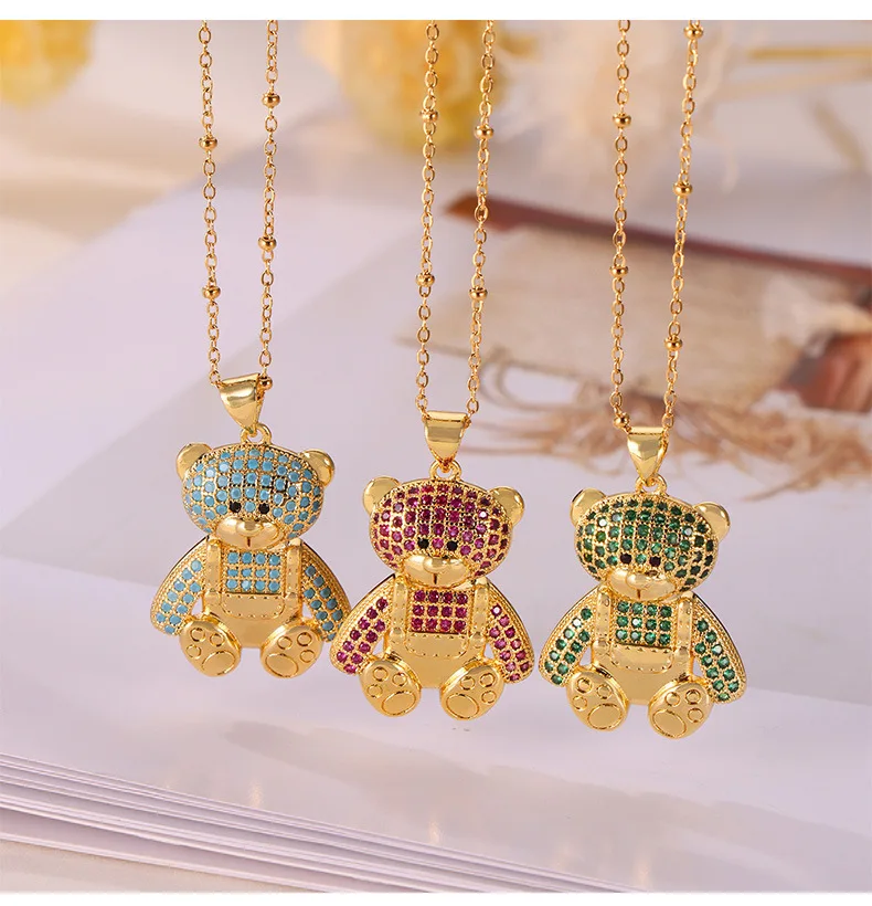 Cutie Fashion Jewelry Zircon Diamond Necklace 18K Gold Plated Micro Inset Cute Bear Pendant Girls Necklace For Women Kids
