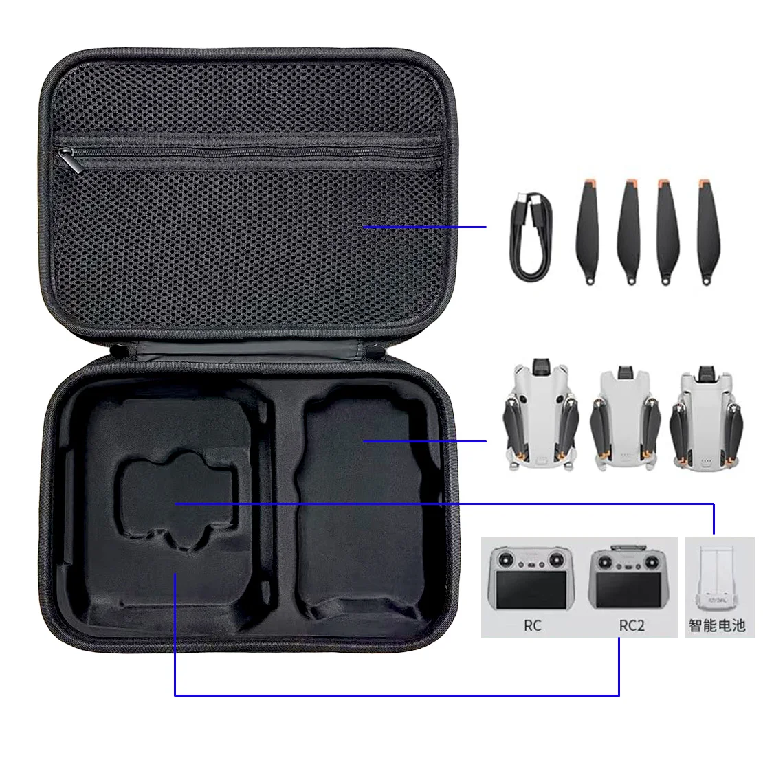 Custom Portable Hard EVA Travel Carrying Case for DJI Mini 4 Pro/Mini 3/Mini 3 Pro Fly More Combo-Fit for DJI RC/RC2 Controller