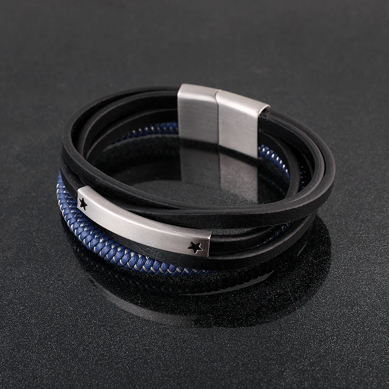 Stainless Steel Magnetic Closure Blue Round Leather Cord Chain Bracelet Men Woven Leather Bracelet for Anniversary