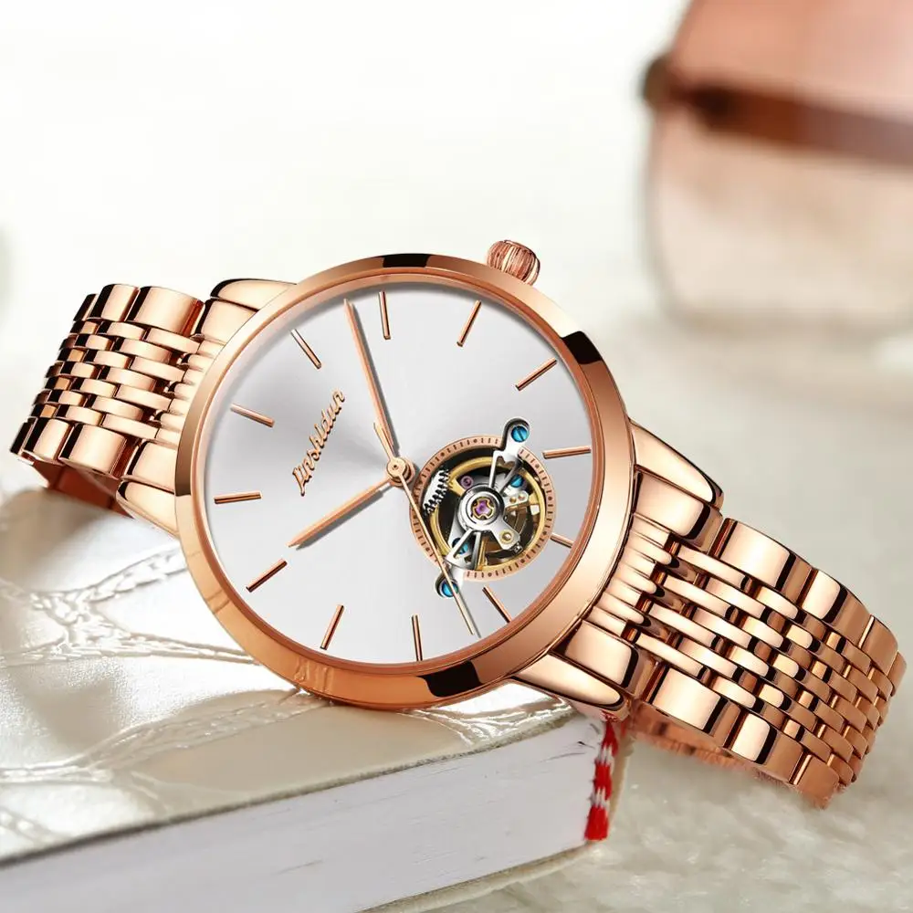 
OEM JSDUN New Women Watches Fashion Tourbillon Luxury Skeleton Chronograph Ladies Automatic Mechanical Gold Wrist Watch 