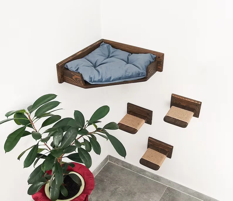 Cat shelves for wall mount bed with 5 psc steps Cat wall furniture Wood Corner cat bed