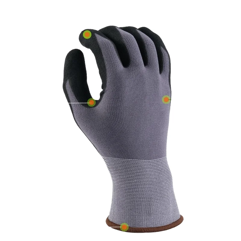 XL Size 15 Gauge Nylon Spandex Work Gloves Good Grip Anti-Slip Nitrile Sandy Coated Auto Assembly Construction Safety Hand
